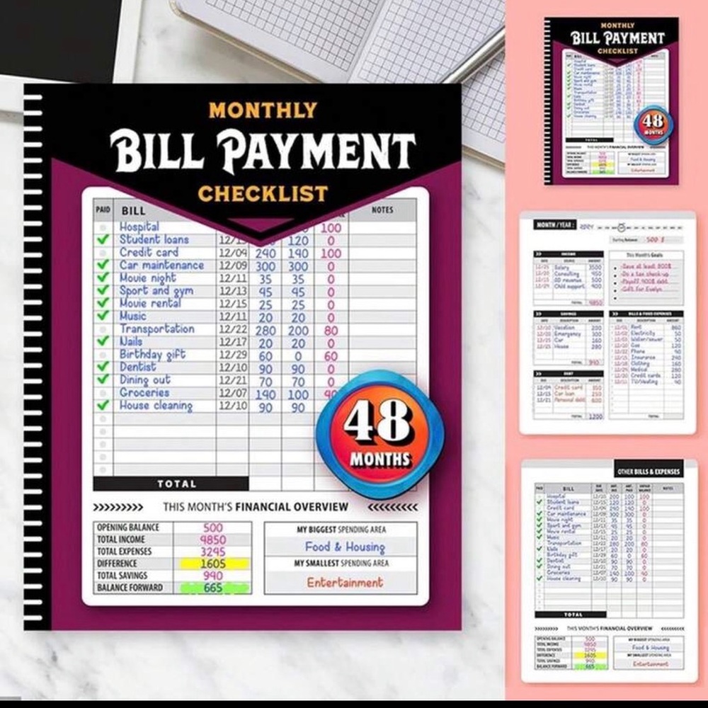 48 Month Bill Payment Checklist - Black and Purple